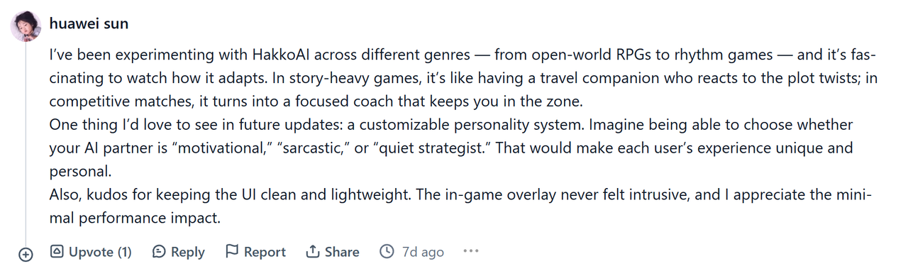 HakkoAI Product Hunt review covering multi-genre performance and feature suggestions