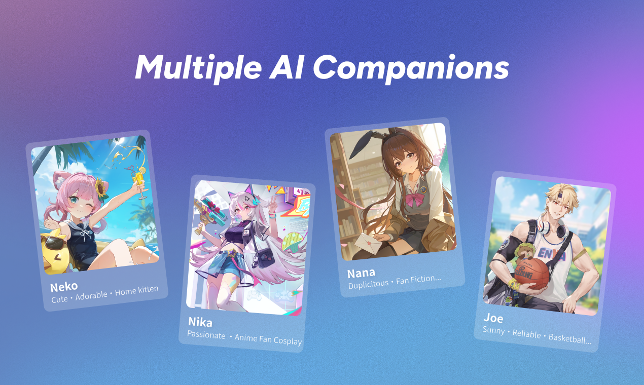 Multiple HakkoAI companions including Neko, Nika, Nana, and Joe