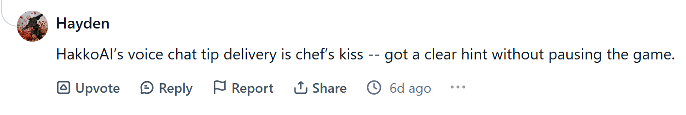 HakkoAI Product Hunt user review praising voice tip delivery feature