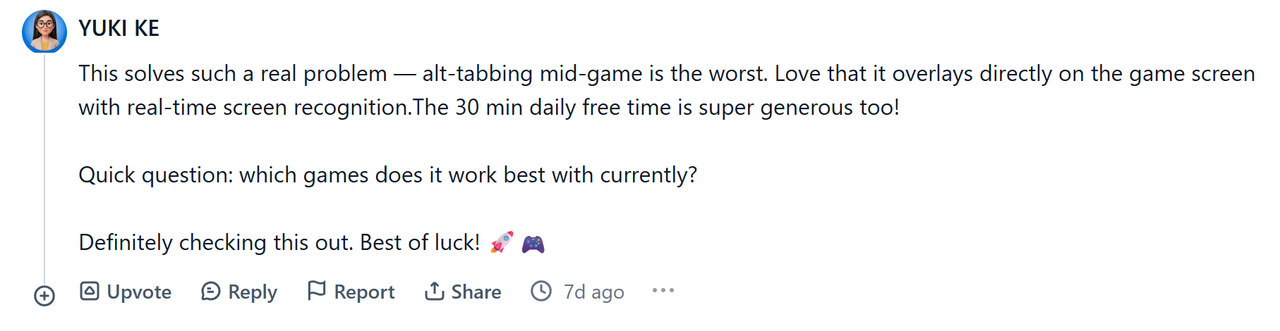 HakkoAI Product Hunt user review discussing in-game overlay and compatibility