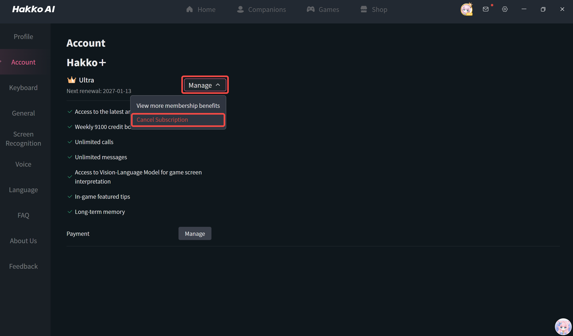 the settings page and the account management