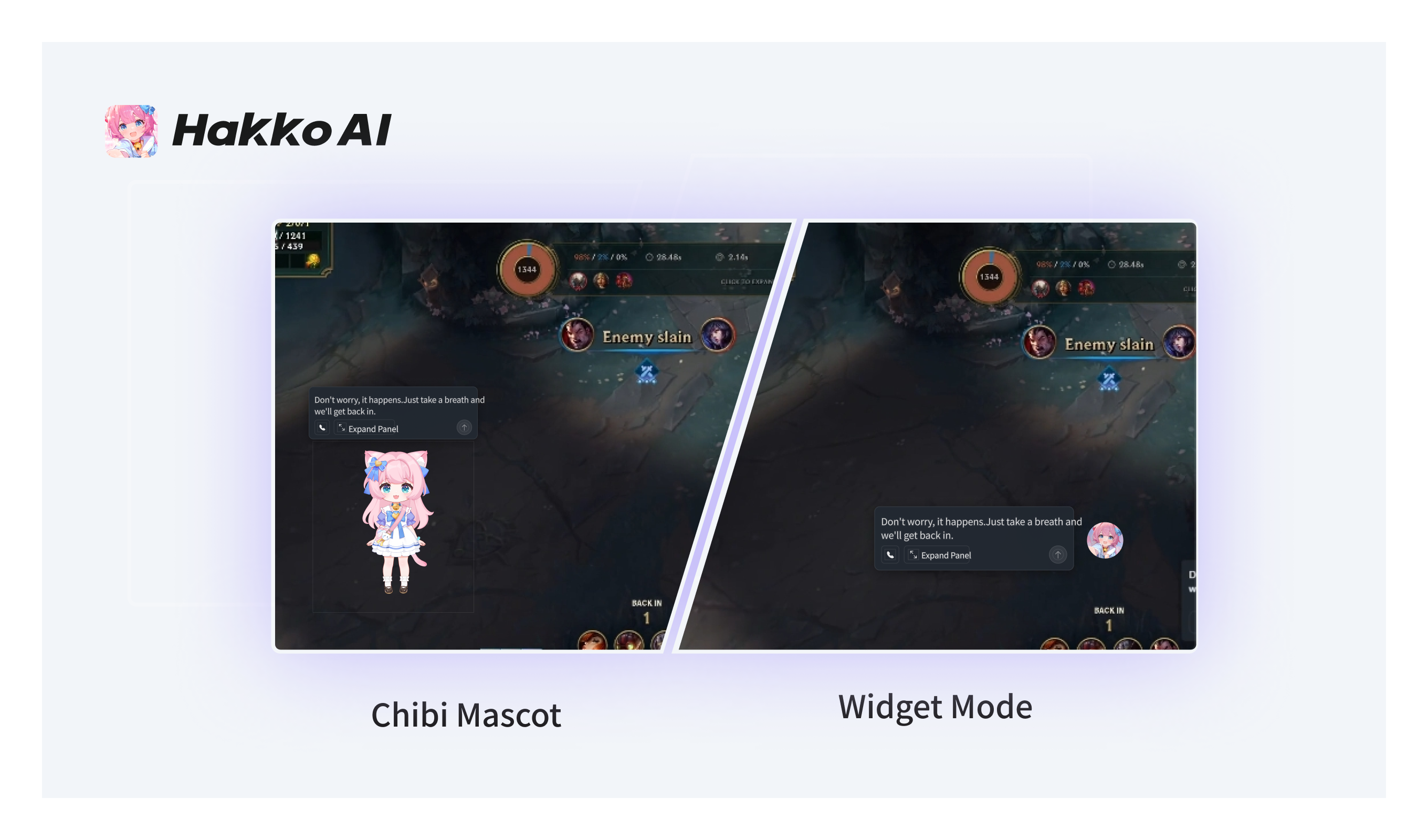 hakko ai League of Legends AI coaching comparison showing chibi mascot companion mode and widget mode interface 